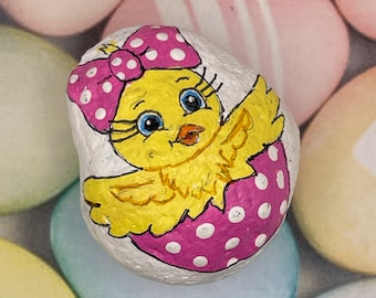 Chick With a Pink Bow Sitting in a Cracked Polka Dot Easter Egg, Happy Easter, Spring Decor, Painted Rock, Stone Painting