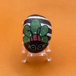 Black and White Striped Ladybug with Flower, Animal Art, Painted Rock, Stone Painting
