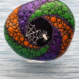 Pinwheel Spiral Dot Art with Spider Web, Halloween Art, Hand Painted Rock
