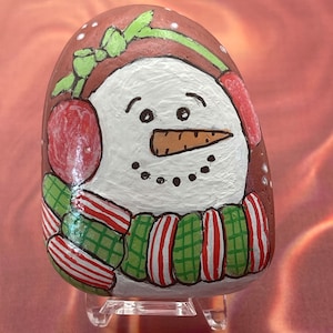 Winter Snowman with Earmuffs and Scarf, Christmas Holiday, Painted Rock, Pebble Art