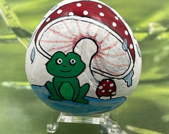 Frog Under Mushroom Umbrella, Spring Rain, When Life Gives a Rainy Day Play in the Puddles, Painted Rock, Stone Painting