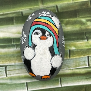 Whimsical Penguin Wearing Snow Hat, Hand Painted Rock, Winter Decor