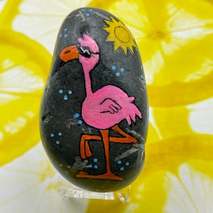 Pink Flamingo Wearing Sunglasses, Sunshine on My Mind, Painted Rock, Painted Stone Art