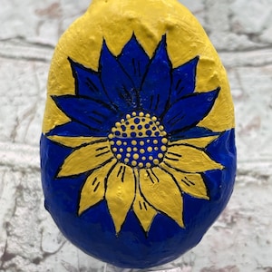 Blue and Yellow Sunflower, Ukraine, Hand Painted Rock, Pebble Art, Stone Painting