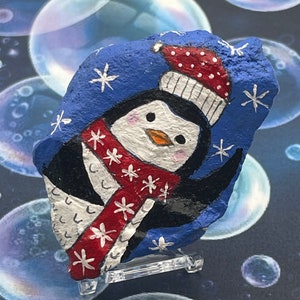 Whimsical Penguin Wearing Red Scarf and Snow Hat, Christmas Winter Decor, Painted Rock