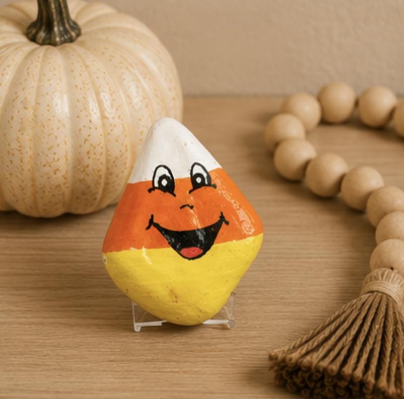 Happy Candy Corn Painted Rock, Cute Halloween Decor, Smiling Candy