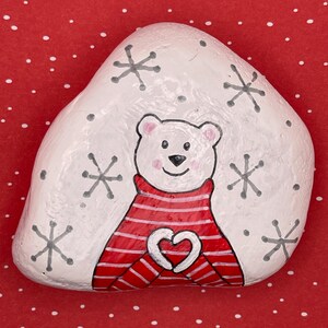 Red Sweater Polar Bear with Heart Hands, Love, Snow Rock Artwork, Painted Stone