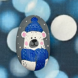 Polar Bear Wearing Blue Scarf and Winter Hat, Let it Snow, Painted Stone, Kindness Rock