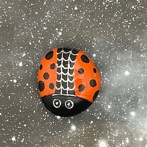 Orange Ladybug with Black Dots and Spiderweb, Halloween Decor, Painted Rock