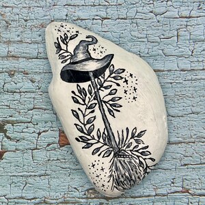 Grey Spooky Rocks Black and Gray Witch Hat and Broom Hand Painted Rock, Spooky Fall ...