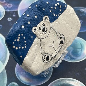 Winter Polar Bear with Hearts, Let it Snow, Valentine Gift, Painted Rock, Stone Painting
