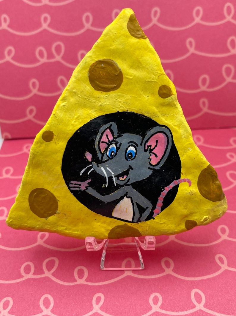 Mouse in Cheese Painted Rock, Cute Cartoon Mouse Decor, Mouse Lover ...