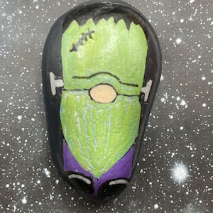 Frankenstein Gnome, Halloween Art, Hand Painted Rock, Pebble Art, Stone Painting