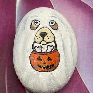 Hand Painted Rock,  Dog Ghost, Trick or Treat, Halloween Art, Pebble Art, Stone Painting, Kindness Rocks, Acrylic Painting, Sealed