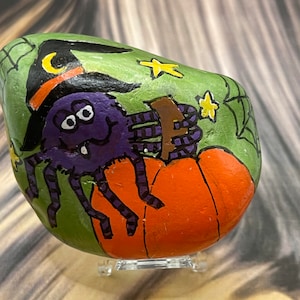 Whimsical Witch Spider on Pumpkin, Halloween Hand Painted Rock, Halloween Decoration, Stone Painting
