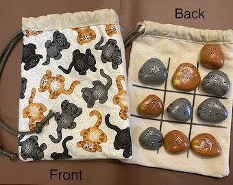 Cat Tic Tac Toe Painted Pebble Board Game, Kids Gift Set, Travel Game, Stocking Stuffer