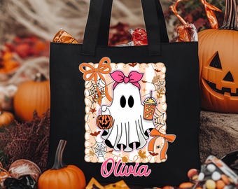 Personalized Girls Ghost Halloween Tote Bag, Custom Name Trick or Treat Bag with Bow, Cute Pink Ghost Kids Candy Bag, Girls Halloween Totes
