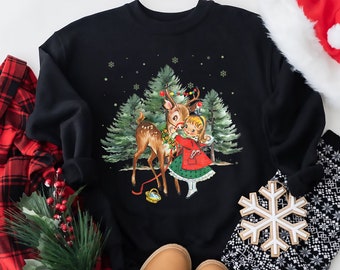 Vintage Christmas Girl and Reindeer Shirt, Retro Christmas Shirt, Retro 1950's Christmas Sweater, Christmas Tree Sweatshirt, Christmas Party