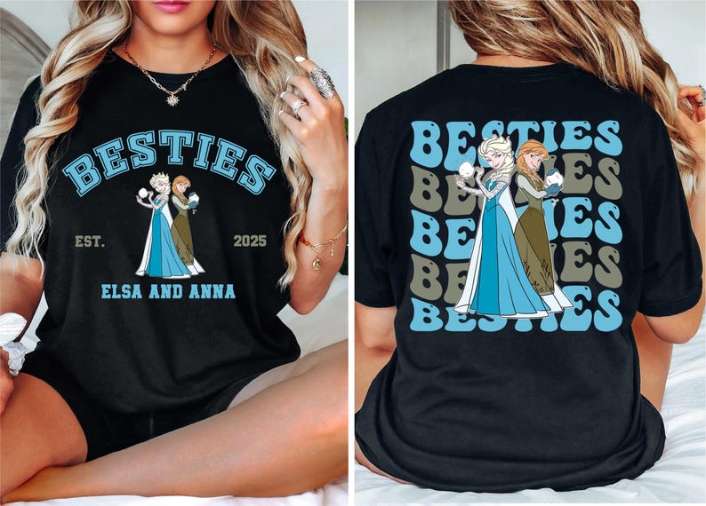 two pictures of a woman wearing a t - shirt that says besties bees bees
