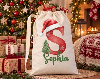 Initial Name Canvas Santa Sack, Toy Christmas Gift Bags, Christmas Eve Box Bag