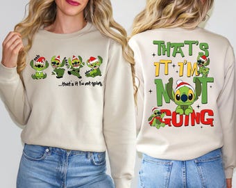 Maglietta con personaggi natalizi verdi, maglietta divertente di Babbo Natale, felpa "Ecco, non ci vado", maglietta divertente di Stitch per Natale, pigiama natalizio di Stitch
