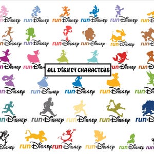 a collection of colorful silhouettes of Disney characters, including characters from the "Disney" brand, arranged in a grid-like pattern.