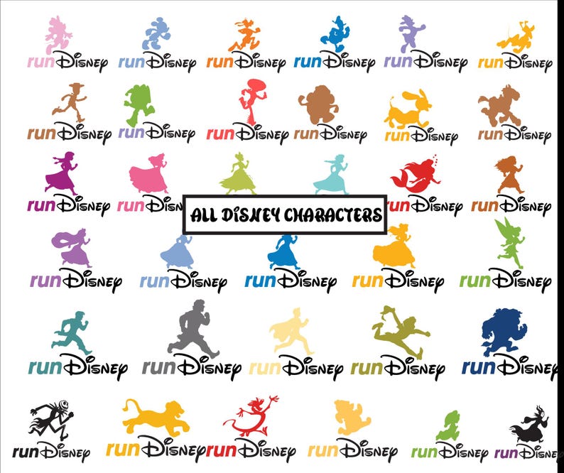 a collection of colorful silhouettes of Disney characters, including characters from the "Disney" brand, arranged in a grid-like pattern.