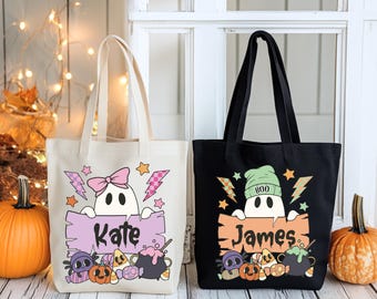 Personalized Halloween Tote Bag, Custom Name Ghost Candy Bag, Trick or Treat Bag, Kids Spooky Seasın Pumpkin Totes, Autumn Vibes Tote Bags