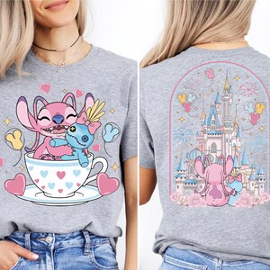The image is a collage of two images featuring a woman wearing a gray t-shirt with a cartoon design of a pink character and a castle.