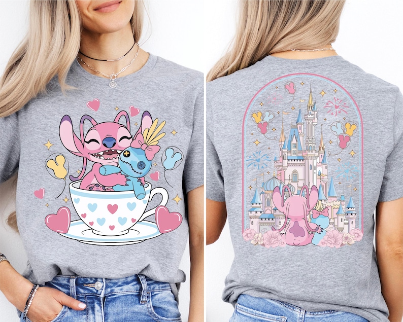 The image is a collage of two images featuring a woman wearing a gray t-shirt with a cartoon design of a pink character and a castle.