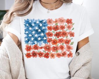 FloralAmerica Flag Shirt, Fourth Of July Flowers T-Shirt, Memorial Day Shirt, Independence Day Celebrating Tees, American Daisy Flag Tees
