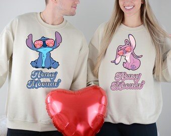 Disney Stitch och Angel Honey Moonin-tröja, Stitch Angel-tröja för par, Disney-smekmånadströja, man och hustru-tröja, bröllopsresa-tröja