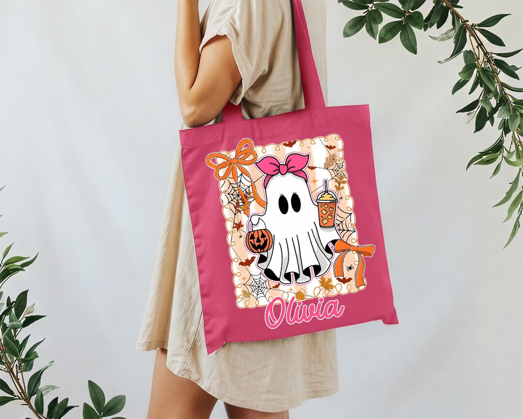 Personalized Girls Ghost Halloween Tote Bag, Custom Name Trick or Treat ...