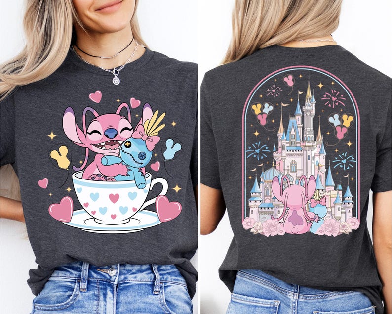 The image is a collage of two images. The left image shows a woman wearing a gray t-shirt with a cartoon design of two pink characters, one inside a teacup and the other sitting on a teacup, surrounded by hearts and fireworks. The right image shows the back of a woman's t-shirt with a graphic design of a castle and fireworks, with a pink character sitting on a castle and another pink character sitting on a castle.