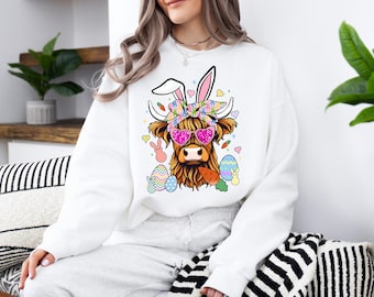 Easter Cow Bunny Shirt, Easter Highland Cow T-Shirt, Cow With Glasses Easter Sweatshirt, Western Easter Sweater, Easter Cow Lover Shirt
