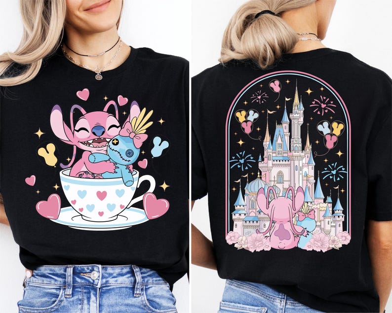 The image is a collage of two photos. The left photo shows a woman wearing a black t-shirt with a cartoon design of a pink character sitting in a teacup, surrounded by hearts and fireworks. The right photo shows the back of the same t-shirt, featuring a castle and fireworks in the background.