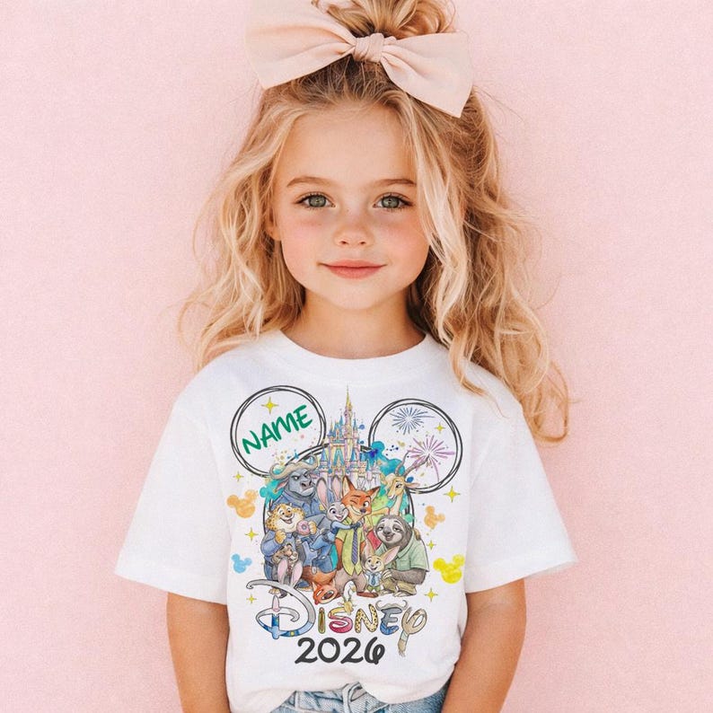 A young girl with blonde hair wearing a white t-shirt with a Disney-themed design and a pink bow on her head.