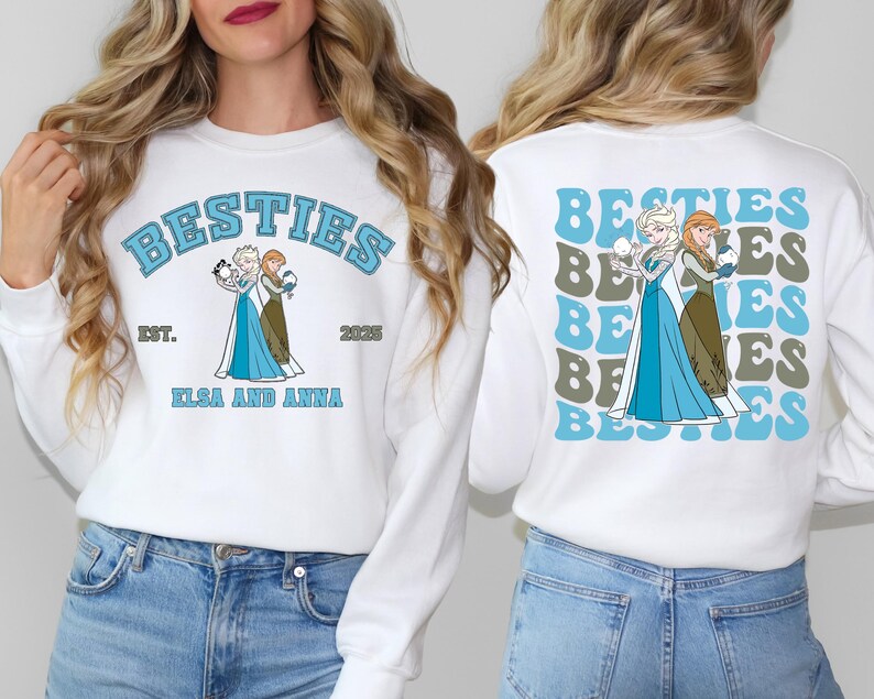 a woman wearing a white sweatshirt with the words besties, besties, and