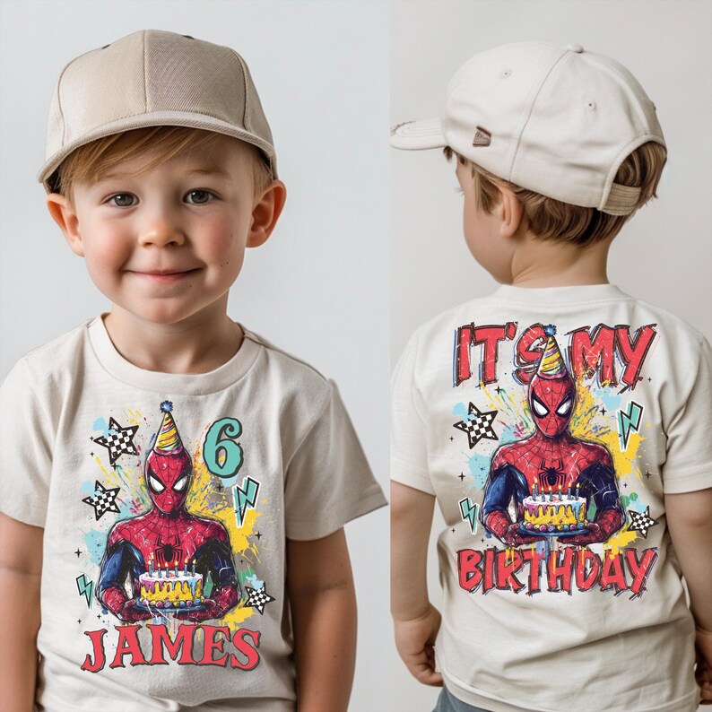 A young boy wearing a Spiderman-themed birthday t-shirt with the text "It's my birthday" and the number "6" printed on it.