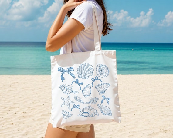 Coquette Seashell Tote Bag, Summer Vibes Tote Bag, Summer Vacation Tote Bag, Cotton Canvas Beach Totes, , Beach Totes, Canvas Beach Gift Bag