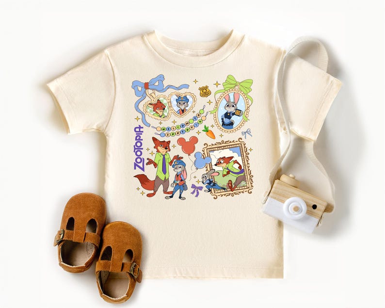 a white t-shirt with a cartoon character design, a pair of brown baby shoes, and a white camera.