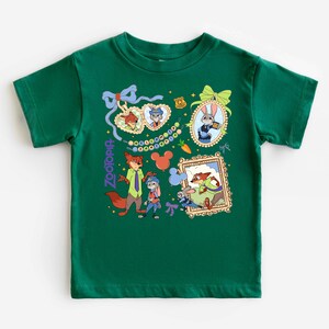 A green t-shirt with a collage of cartoon characters and various Disney-themed elements, including Mickey Mouse, Goofy, and other popular Disney characters.