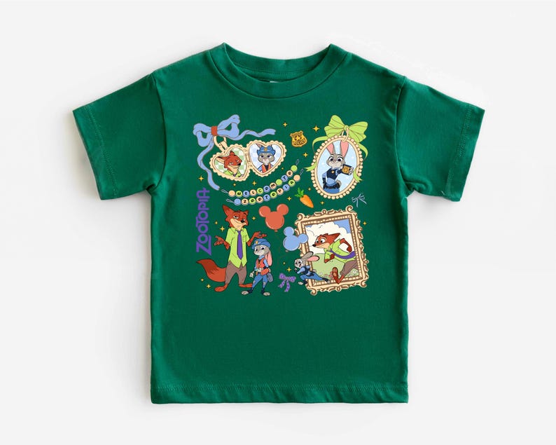 A green t-shirt with a collage of cartoon characters and various Disney-themed elements, including Mickey Mouse, Goofy, and other popular Disney characters.