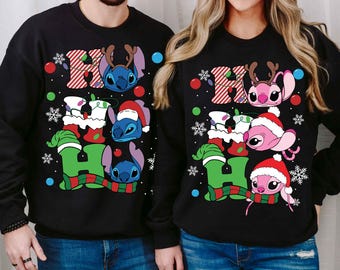 Stitch and Angel Christmas Sweatshirt, Cute  Couple Xmas T-Shirt, Santa Stitch Matching Family Sweatshirt,  Hooneymoon Tees