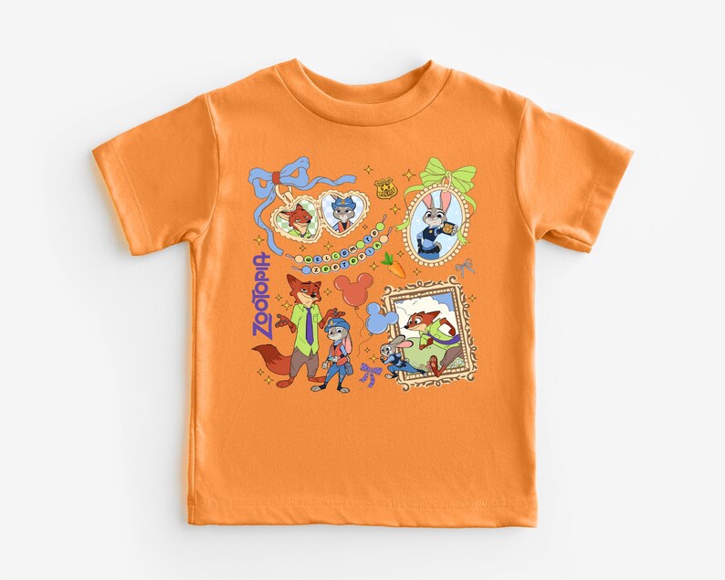 The image is a t-shirt with a vibrant, cartoon-style design featuring various cartoon characters and elements, such as a fox, a rabbit, and a bird.