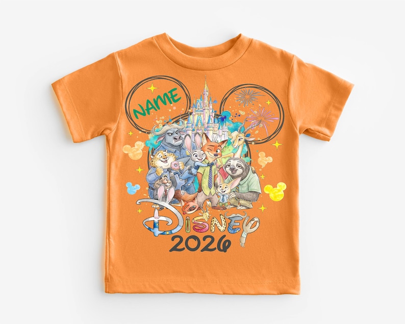 An orange t-shirt with a Disney-themed design featuring various characters from the Disney film series.