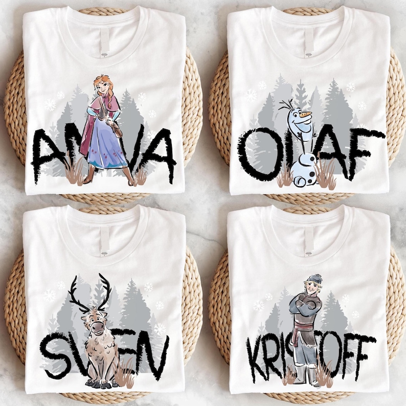 four frozen princess tshirts are on a table