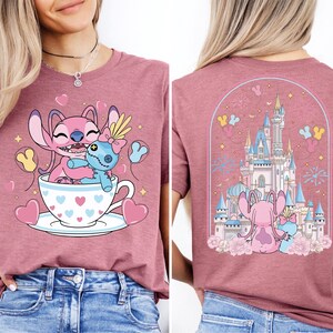 The image is a collage of two images featuring a pink t-shirt with a cartoon design of a pink character and a castle.