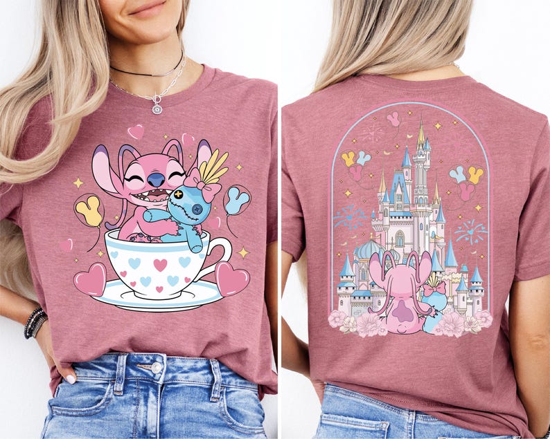 The image is a collage of two images featuring a pink t-shirt with a cartoon design of a pink character and a castle.