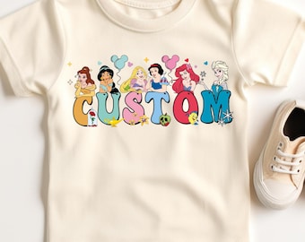 Camiseta personalizada con nombre de princesa, camiseta con alfabetos de princesas Disney, suéter de cumpleaños de princesa, camiseta para viaje familiar a Disneyland, camisetas para cumpleañeras